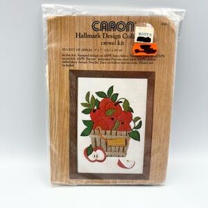 Vintage 70s Caron Crewel Embroidery Kit #6418 Bucket of Apples 5x7 NIP Hallmark